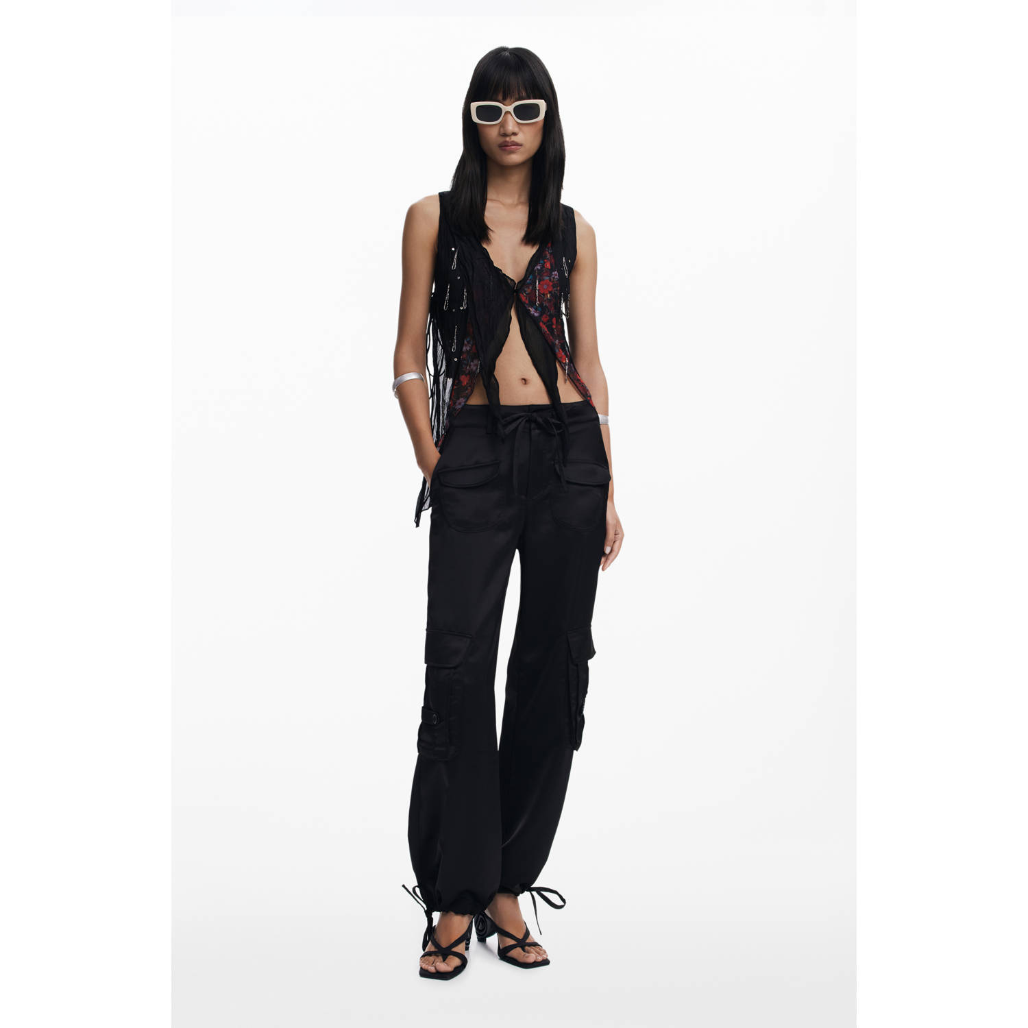 Desigual straight regular waist cargo broek zwart