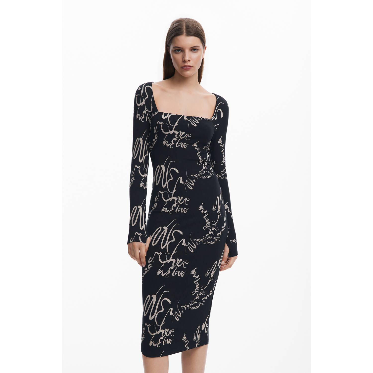 Desigual Zwarte Vierkante Hals Lange Mouw Jurk Black Dames