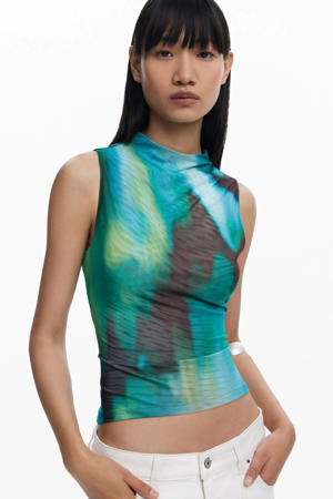 mesh mouwloze top blauw