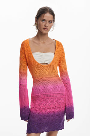 gehaakte strandjurk oranje/roze/paars