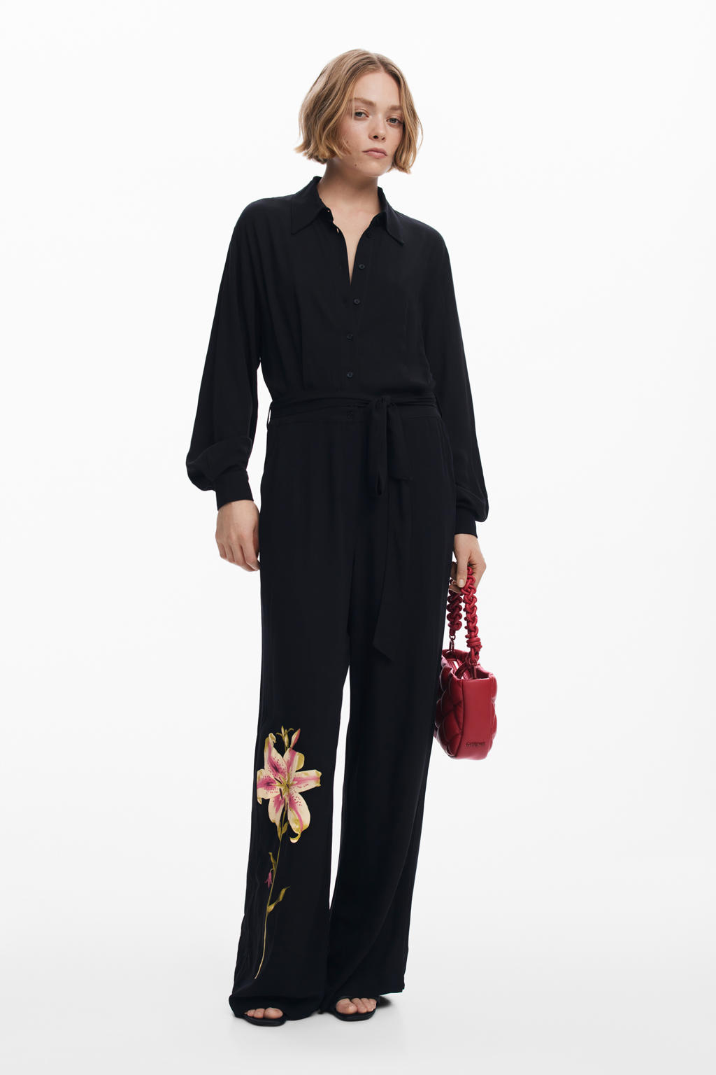 Zwarte dames Desigual wide leg jumpsuit van viscose met knoopsluiting en effen