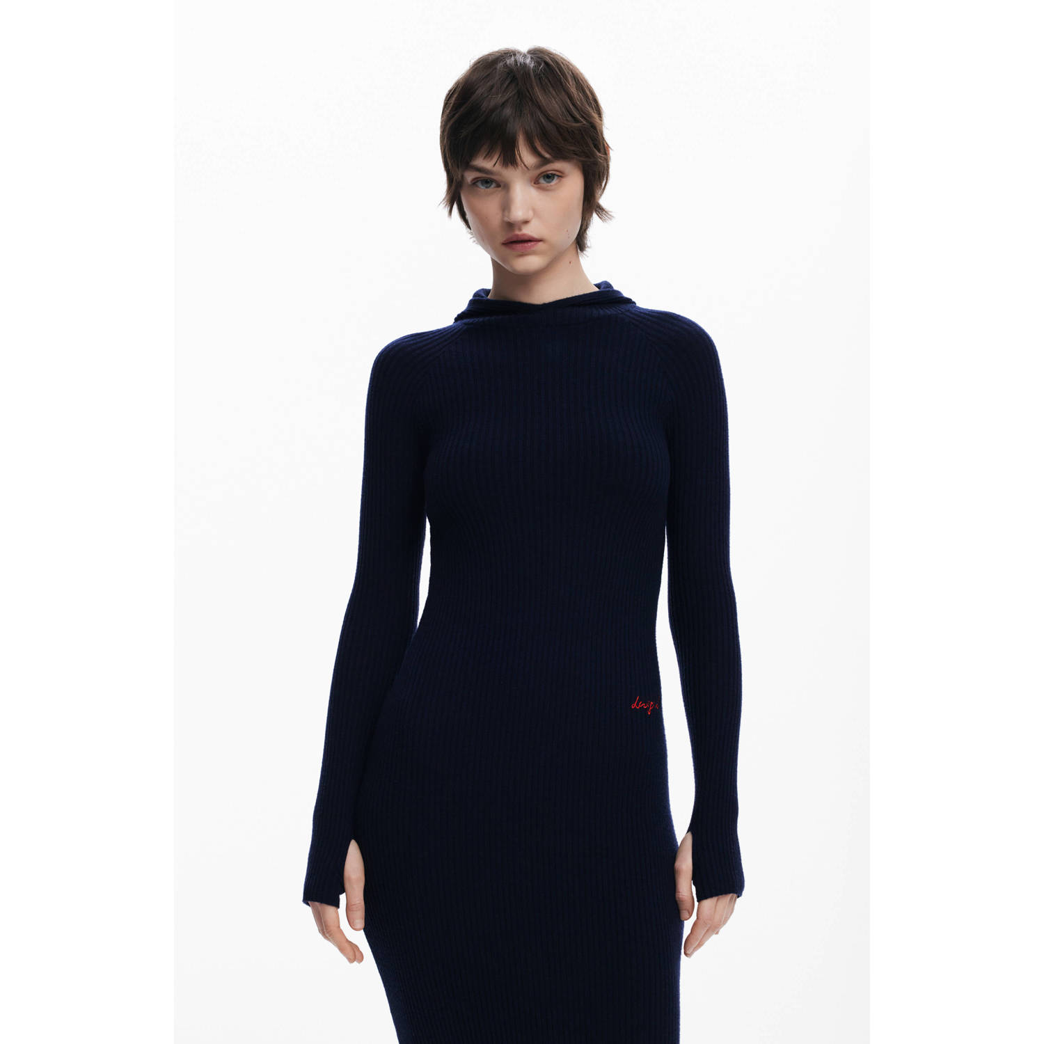 Desigual midi jurk rib gebreid donkerblauw