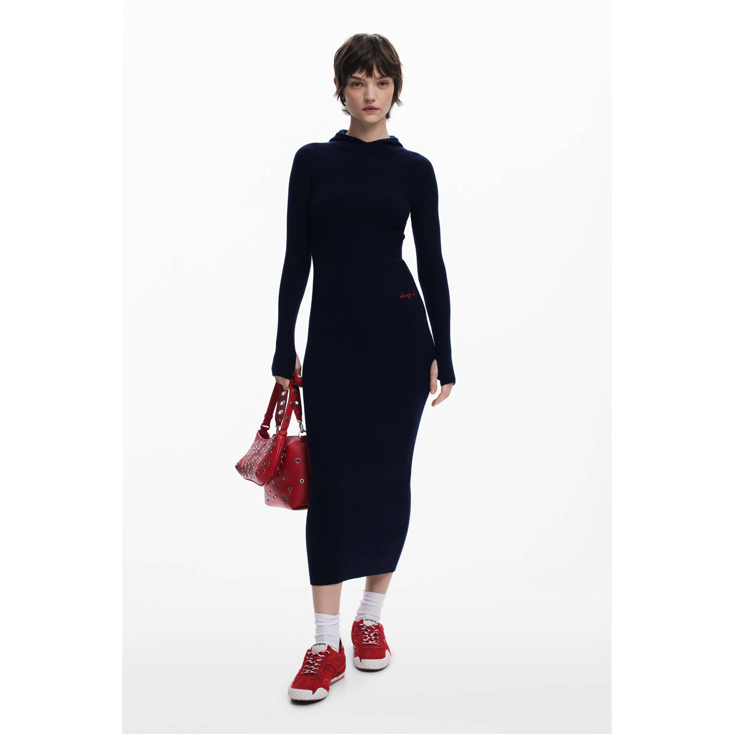 Desigual midi jurk rib gebreid donkerblauw