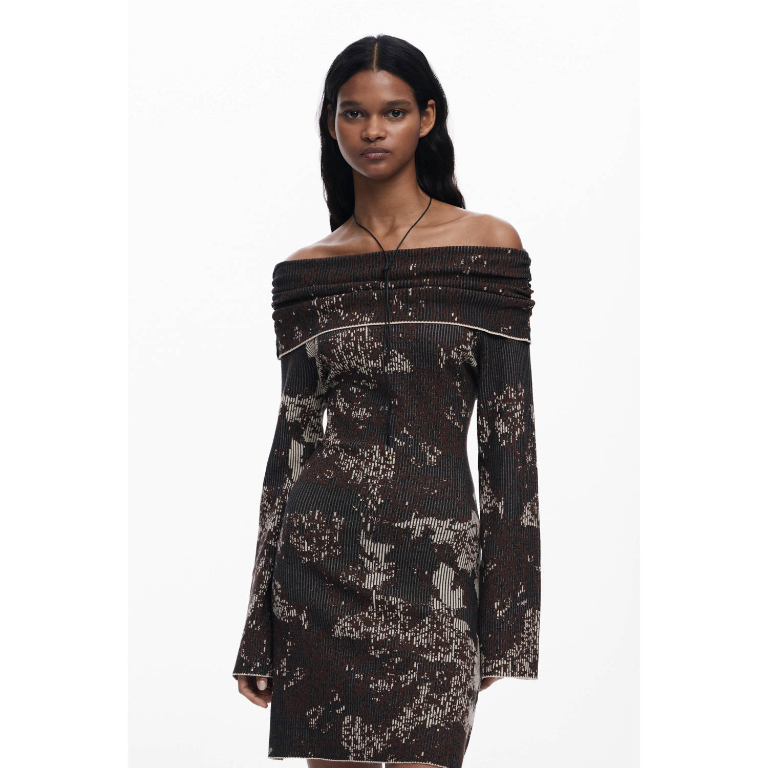 Desigual korte jurk rib gebreid donkerbruin