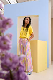 thumbnail: Multikleurige dames Ydence wide leg regular waist broek van katoen met elastische tailleband met koord en strepenprint