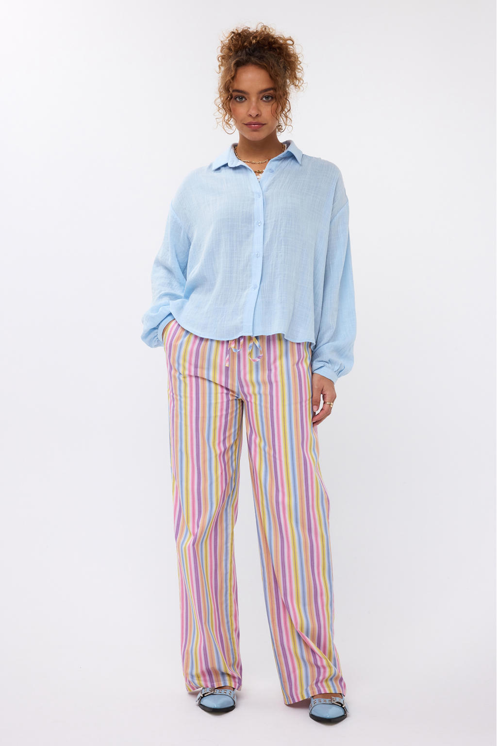 Multikleurige dames Ydence wide leg regular waist broek van katoen met elastische tailleband met koord en strepenprint