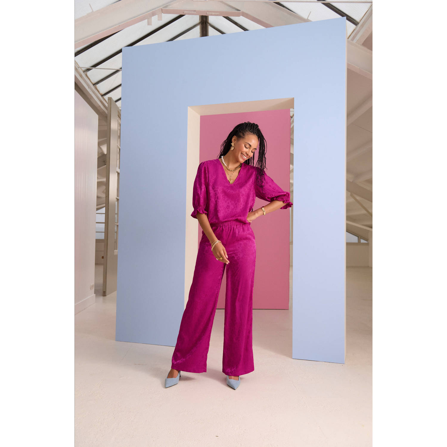 Ydence wide leg regular waist broek fuchsia