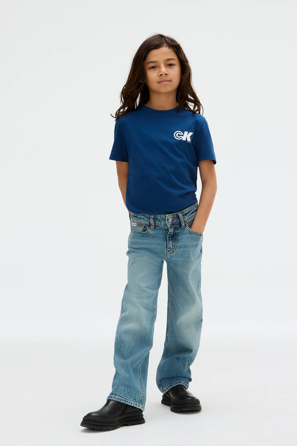 Blauwe jongens Calvin Klein T-shirt van katoen met logo dessin, korte mouwen en ronde hals