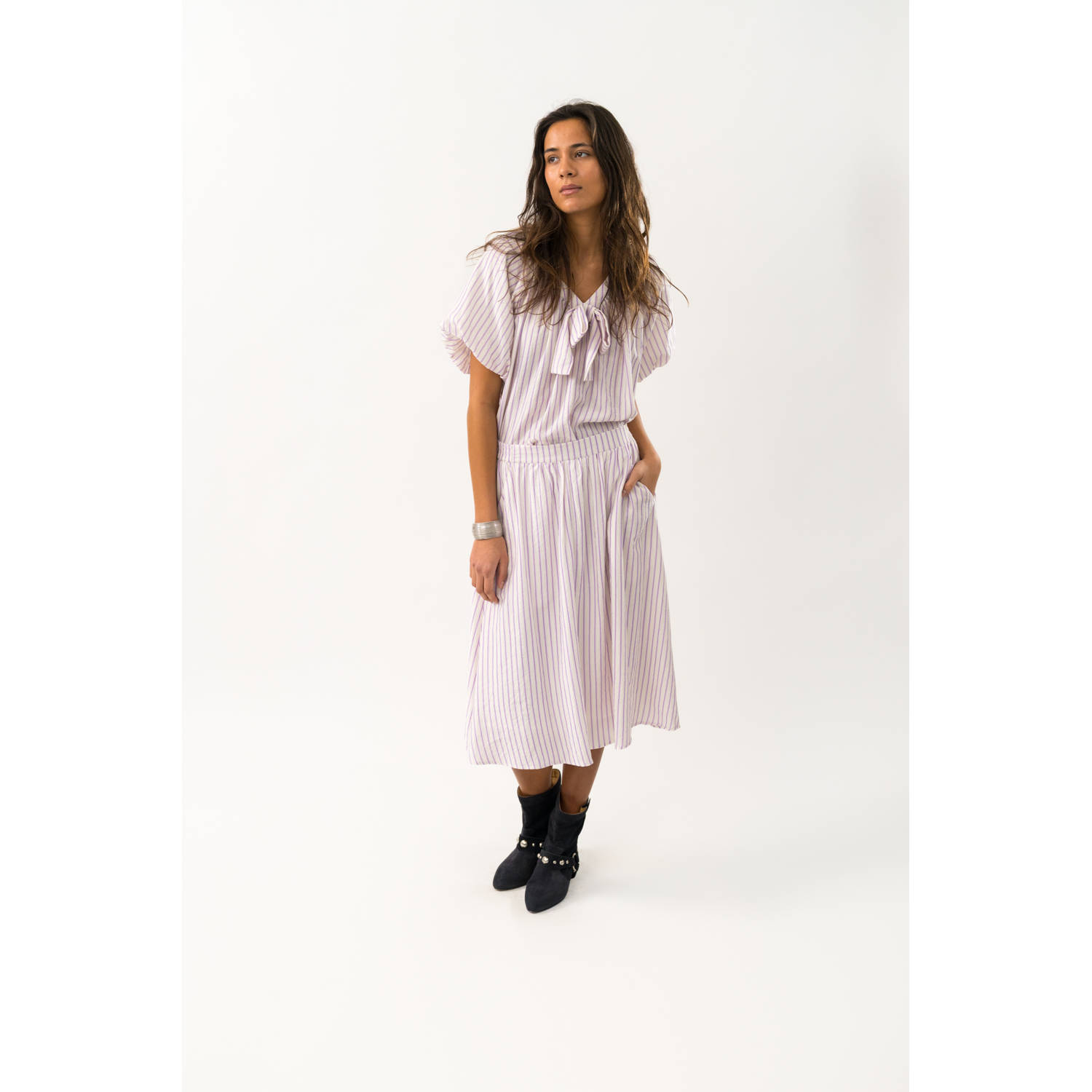 Lollys Laundry Gestreepte top met strik Pine paars