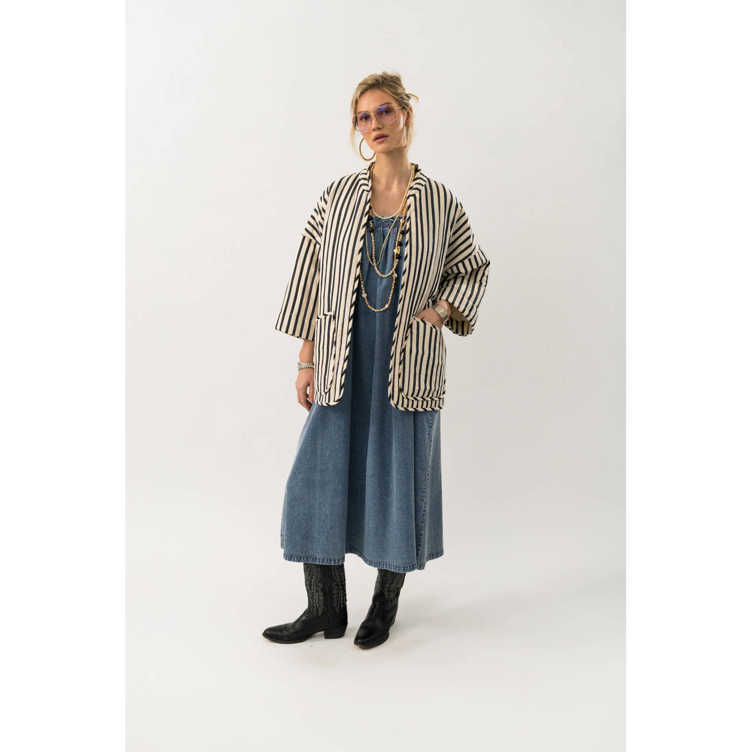 Lollys Laundry Gewatteerde gestreepte jas Lulu naturel