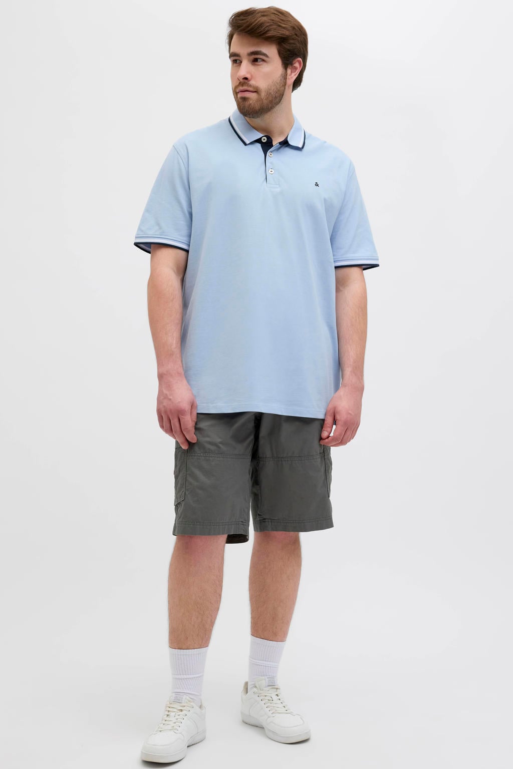 Blauwe heren JACK & JONES PLUS SIZE regular polo van katoen met effen, korte mouwen, knoopsluiting en contrast bies