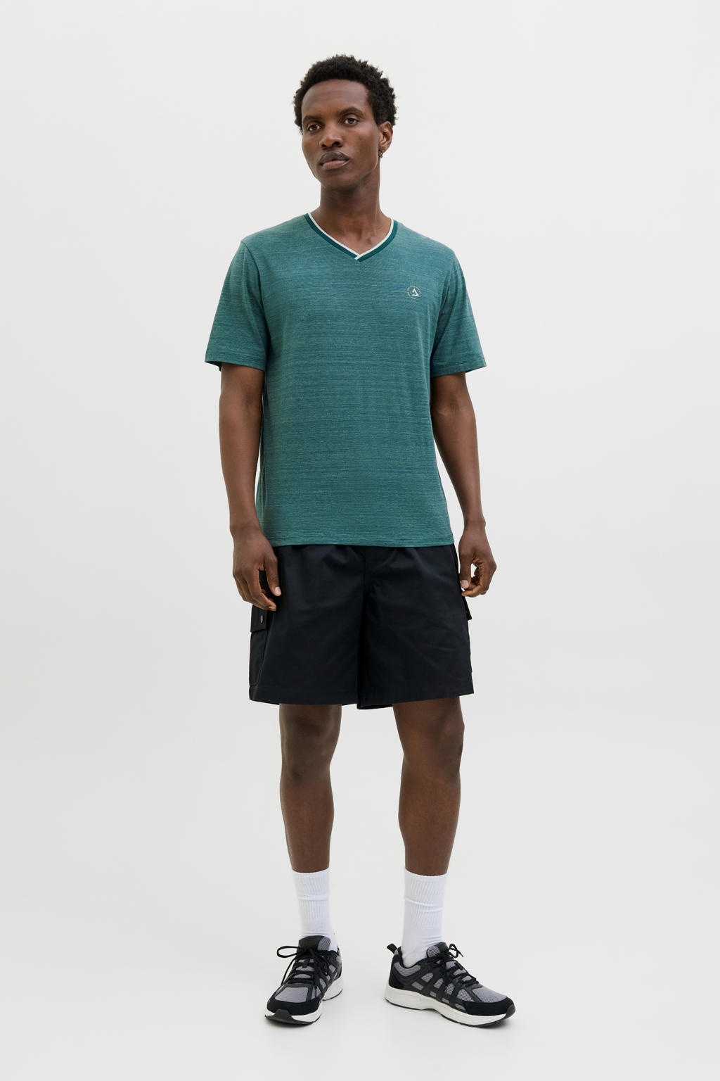Petrolkleurige heren JACK & JONES CORE T-shirt van katoen met melée print, korte mouwen en V-hals