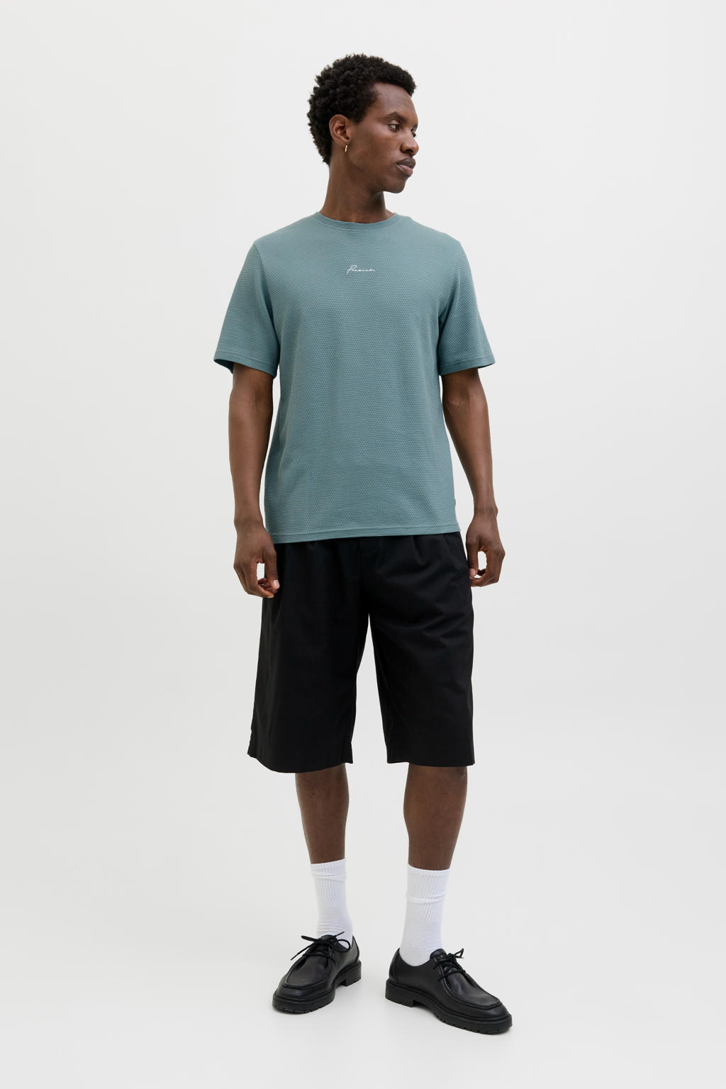Grijze heren JACK & JONES PREMIUM T-shirt van katoen met effen, korte mouwen, ronde hals en borduursels