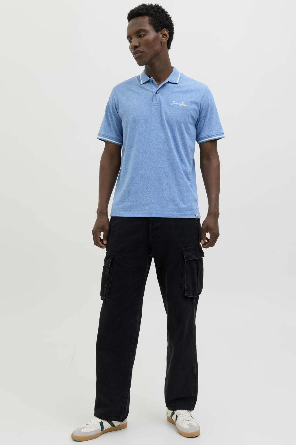 Blauwe heren JACK & JONES ORIGINALS regular polo van katoen met melée print, korte mouwen, knoopsluiting en borduursels