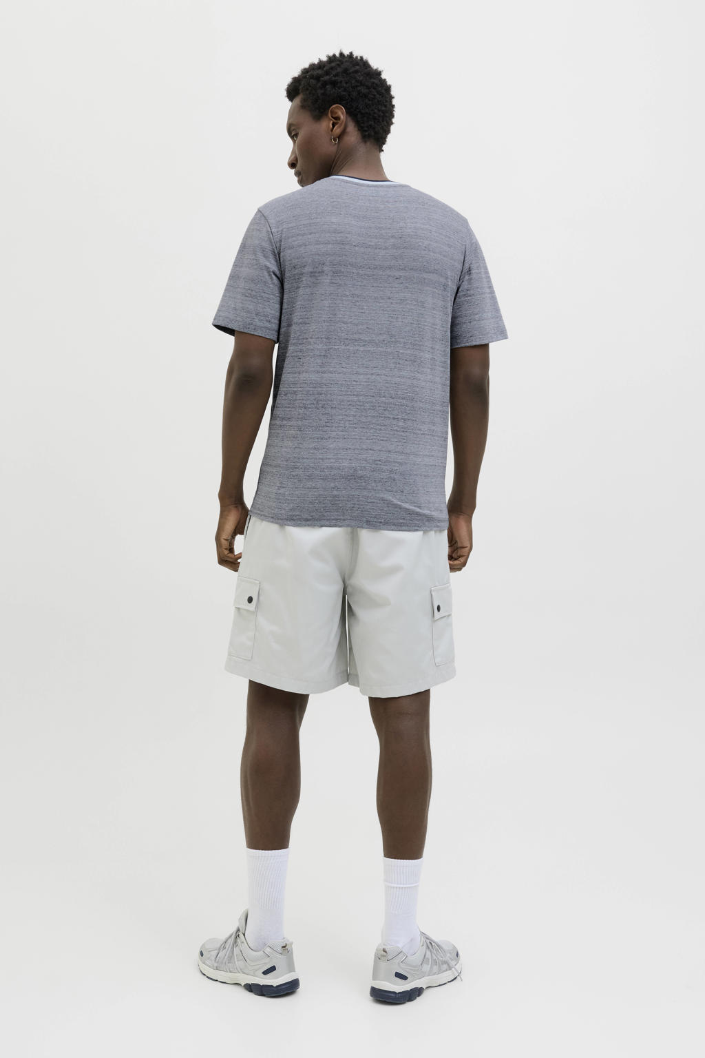 Blauwe heren JACK & JONES CORE T-shirt van katoen met melée print, korte mouwen en V-hals