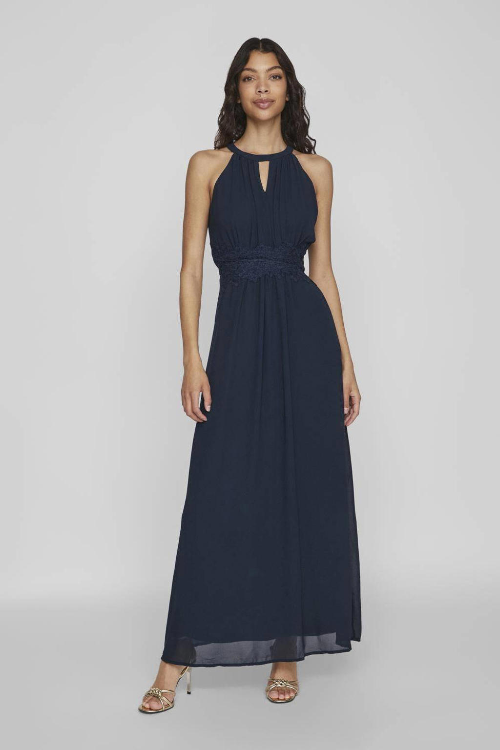 Donkerblauwe dames VILA maxi jurk van polyester met effen, halterkraag en kant