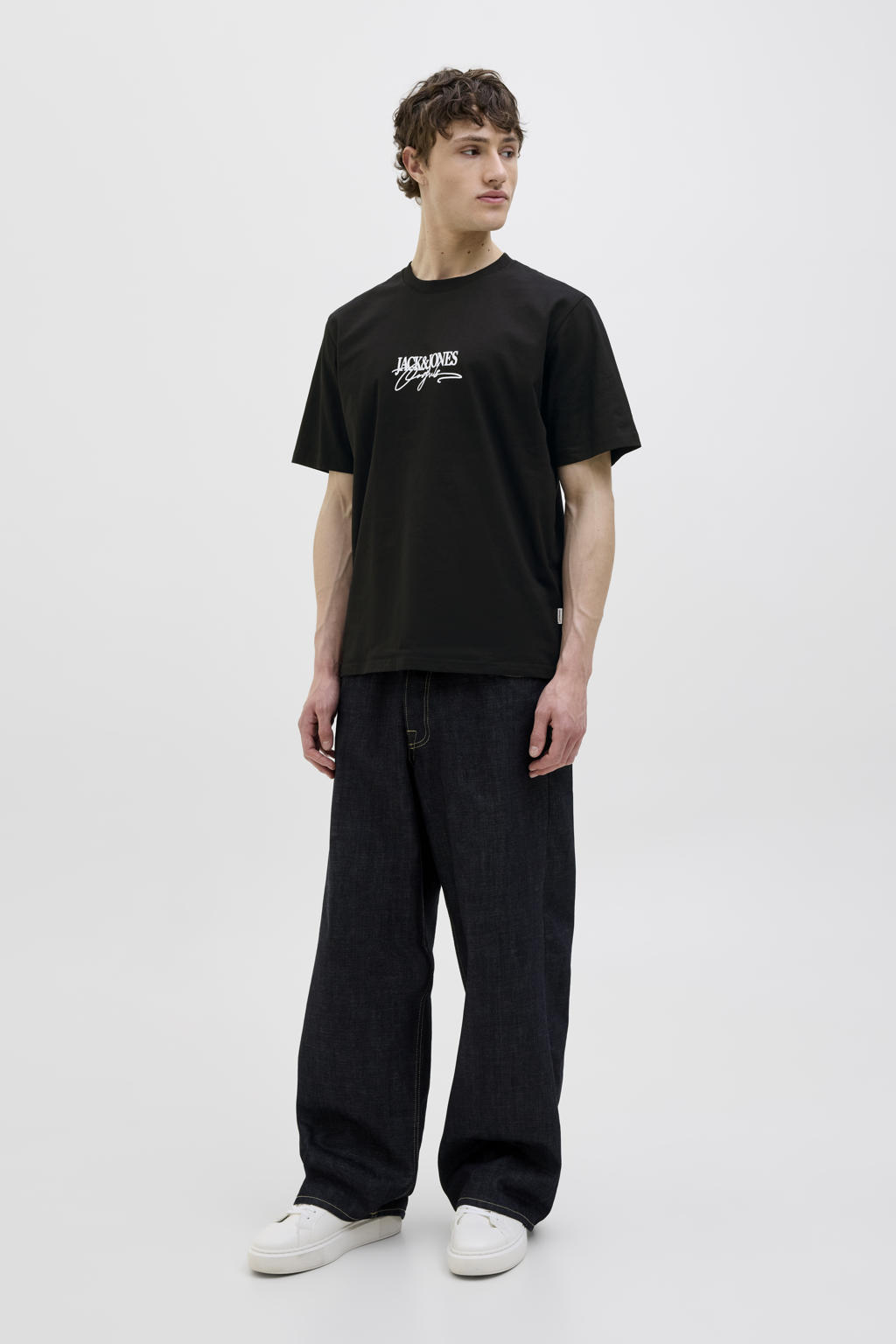 Zwarte heren JACK & JONES ORIGINALS T-shirt van katoen met logo dessin, korte mouwen en ronde hals