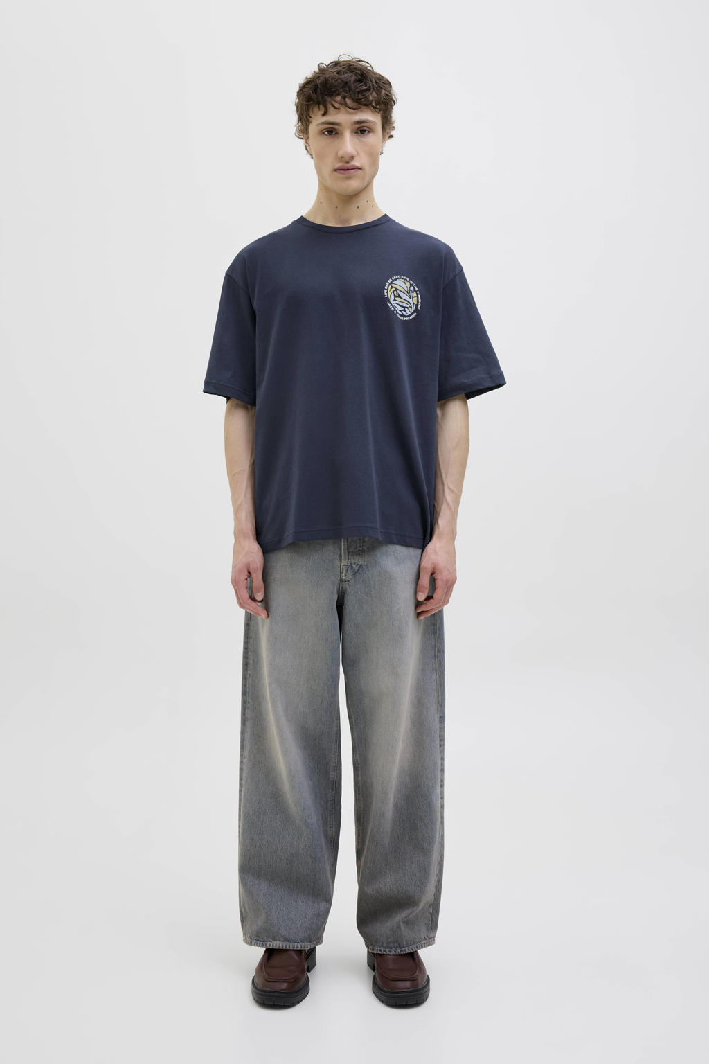 Blauwe heren JACK & JONES PREMIUM T-shirt van katoen met backprint, korte mouwen en ronde hals