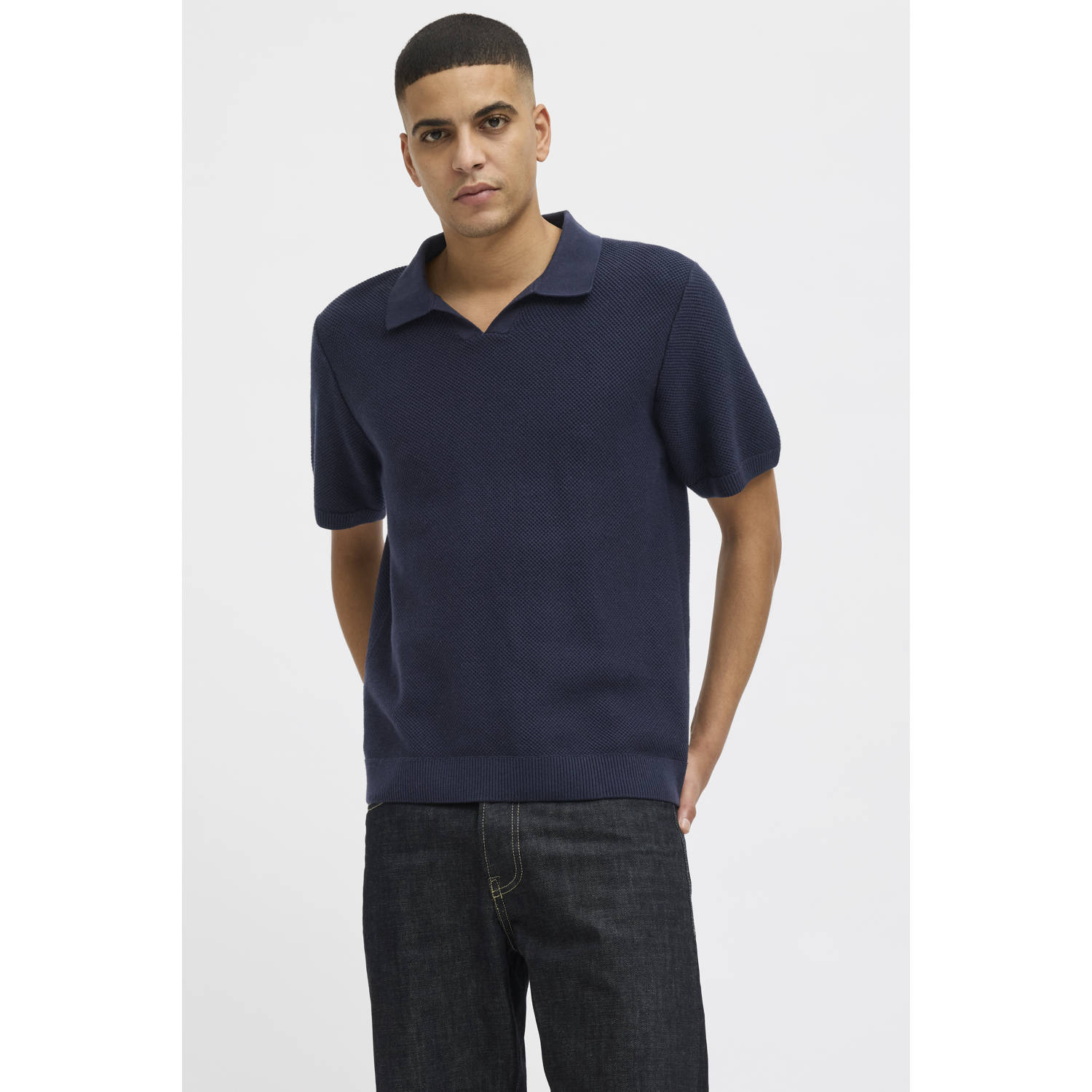 JACK & JONES PREMIUM regular polo gebreid donkerblauw