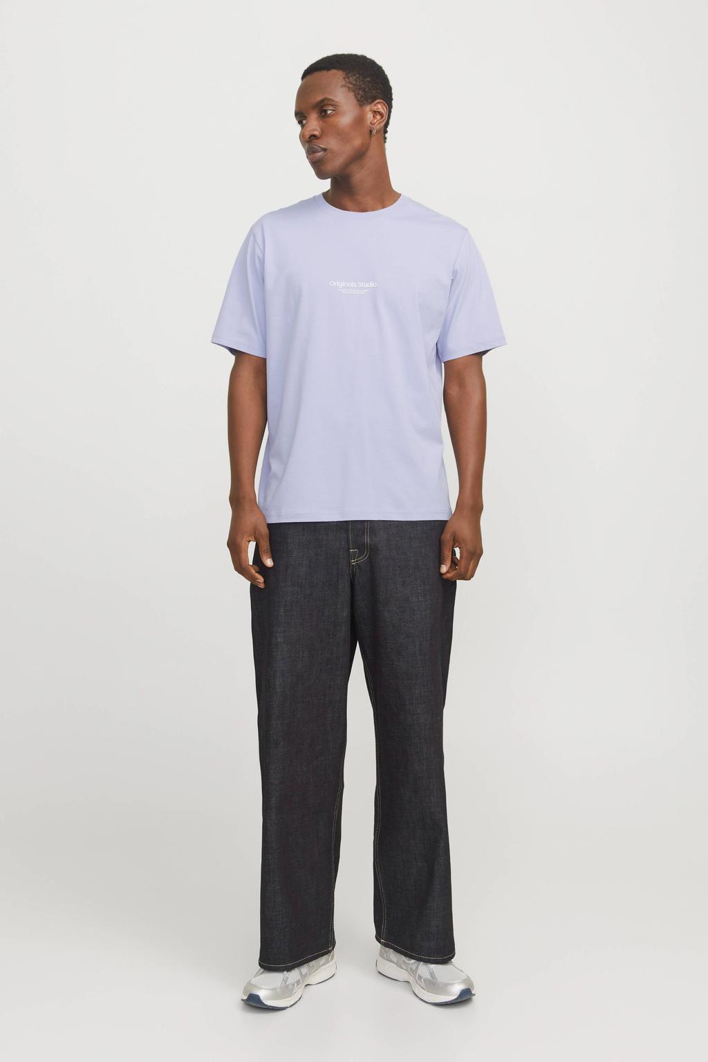 Violetkleurige heren JACK & JONES ORIGINALS regular T-shirt van katoen met printopdruk, korte mouwen en ronde hals