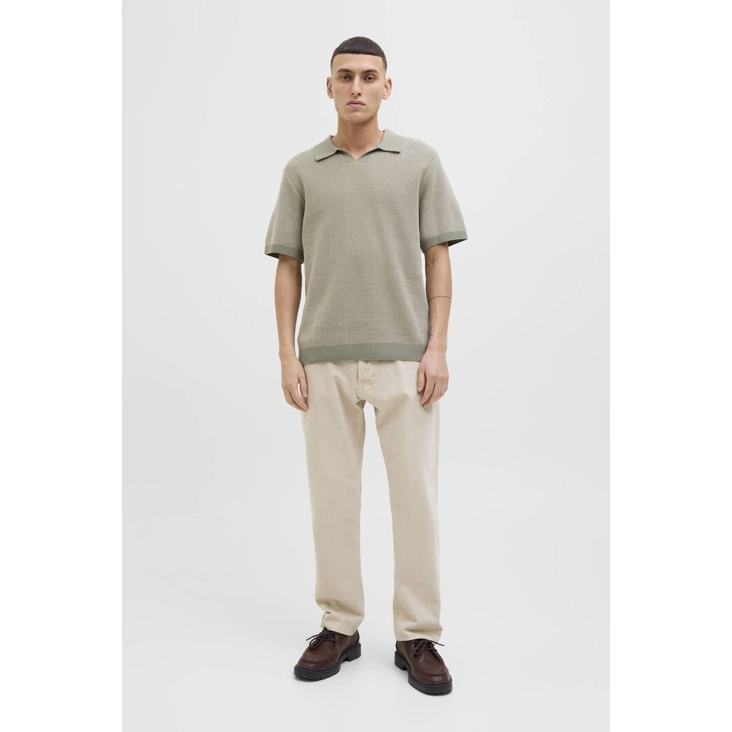 JACK & JONES PREMIUM regular polo gebreid lichtkaki