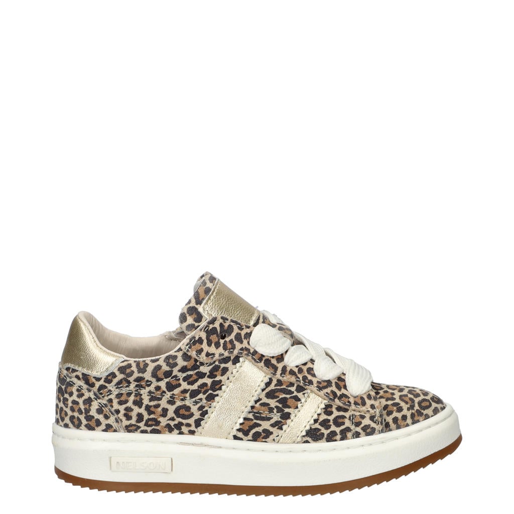 Beige en zwarte meisjes Nelson Kids suède sneakers met rits- en vetersluiting en panterprint