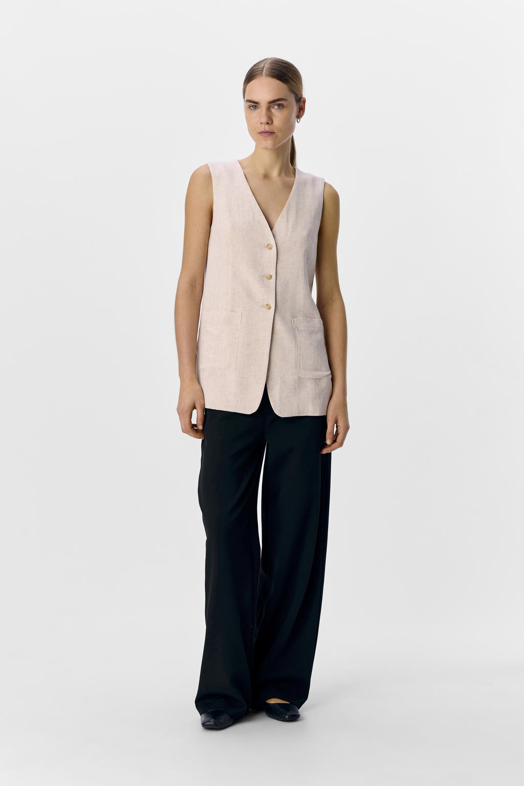 Zandkleurige dames OBJECT gilet van linnen met effen, V-hals, knoopsluiting en geweven detail