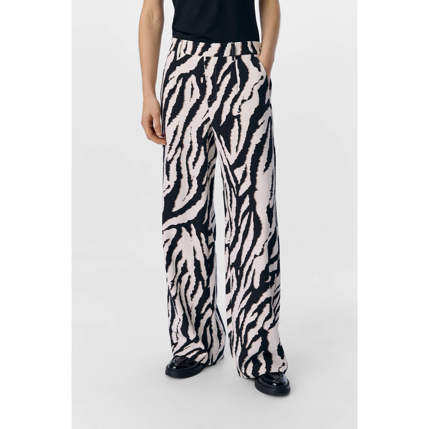 OBJECT wide leg regular waist casual broek ecru zwart