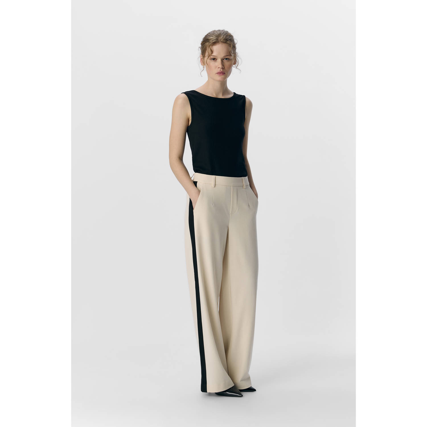 OBJECT wide leg regular waist pantalon zand zwart