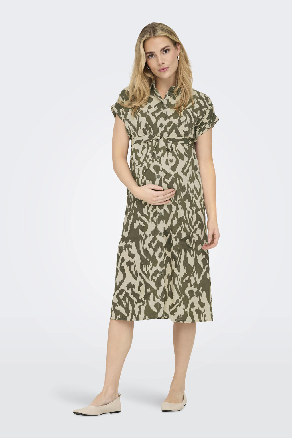 ONLY MATERNITY zwangerschaps- en voedings midi jurk groen/beige
