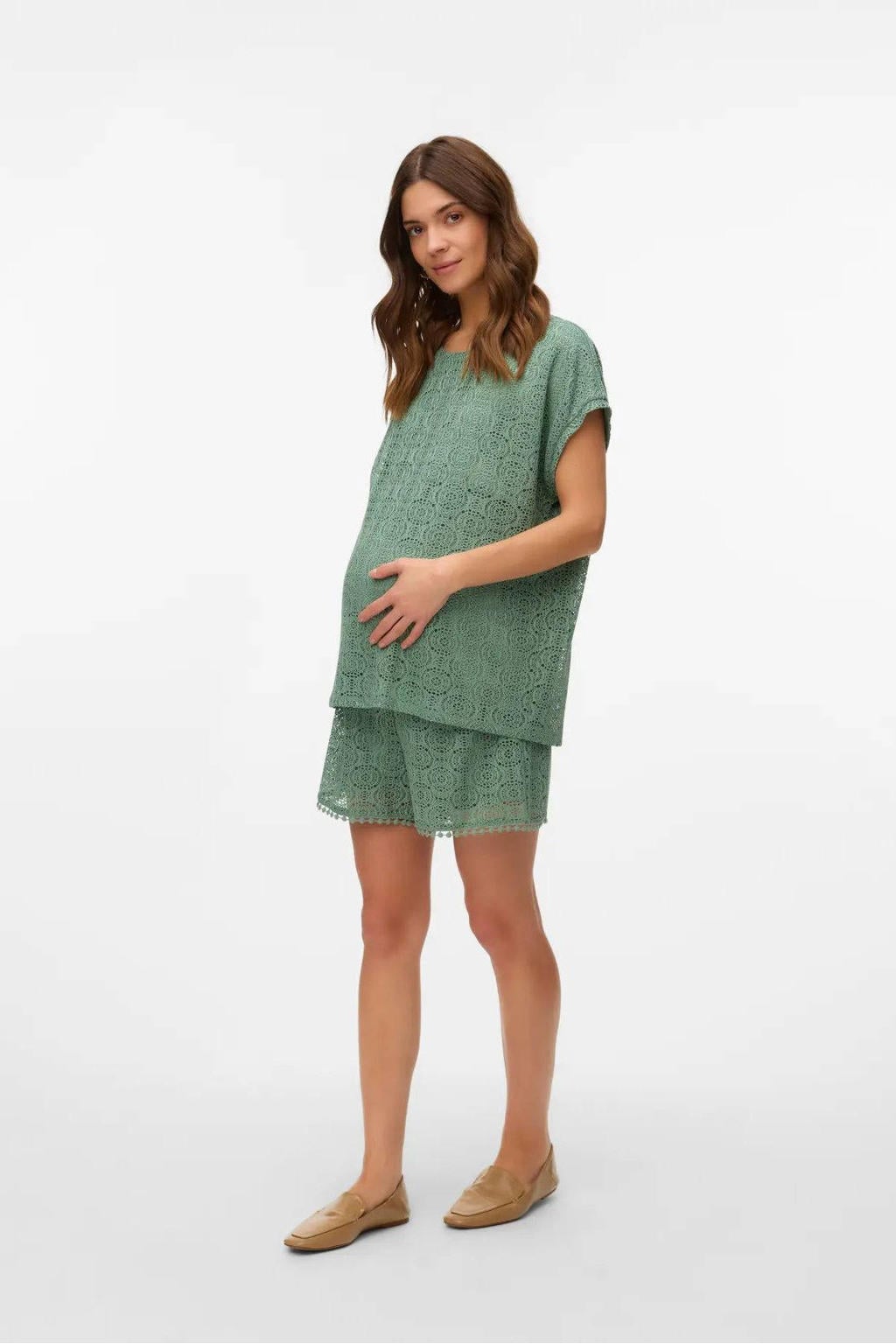 Groene dames VERO MODA MATERNITY zwangerschaps T-shirt gehaakt van polyester met effen, korte mouwen en ronde hals