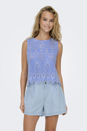 mouwloze top blauw broderie