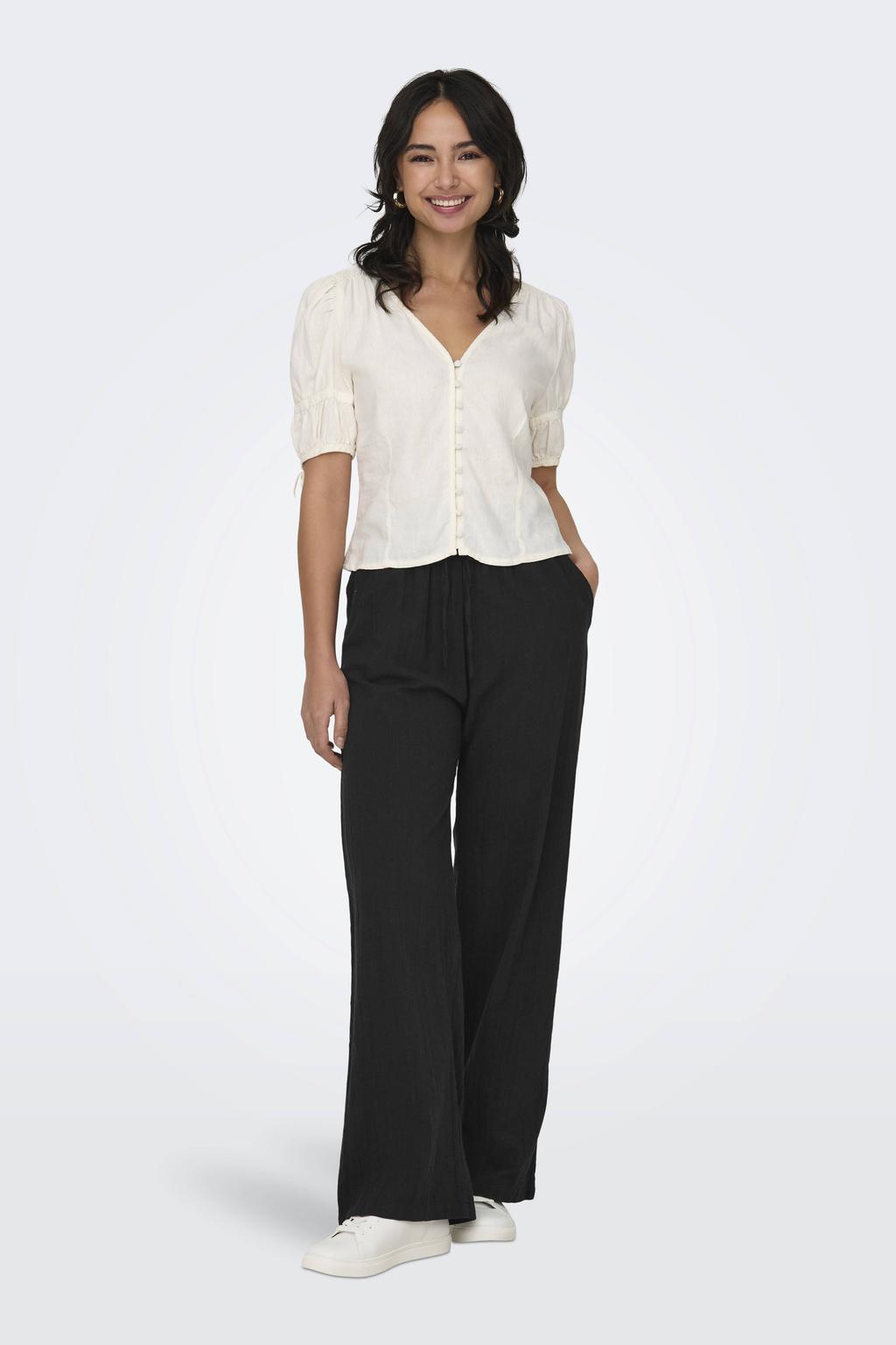 Zwarte dames ONLY wide leg regular waist casual broek van katoen met elastische tailleband met koord en effen