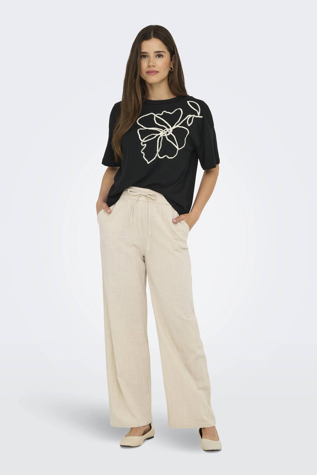 Zandkleurige dames ONLY wide leg regular waist casual broek van katoen met elastische tailleband met koord en effen