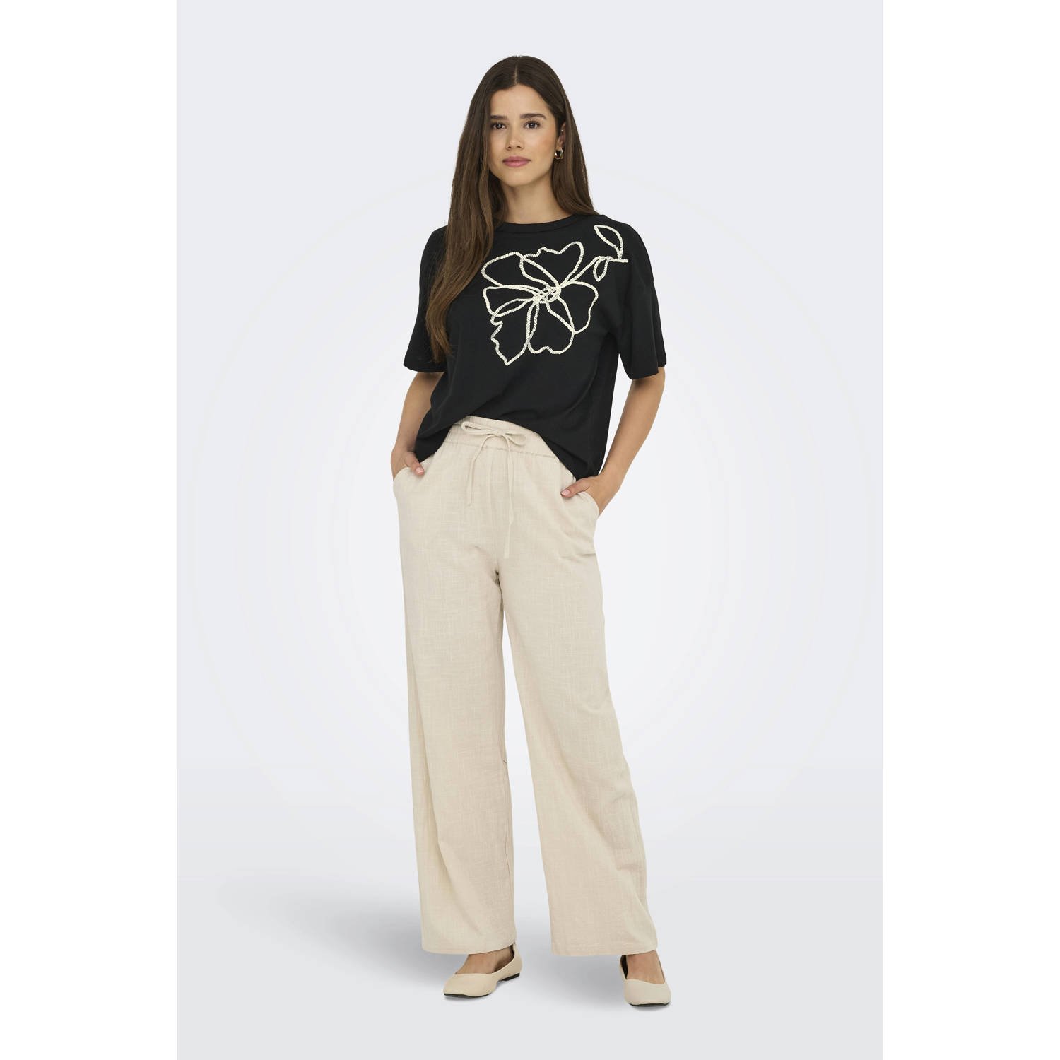 ONLY wide leg regular waist casual broek zand