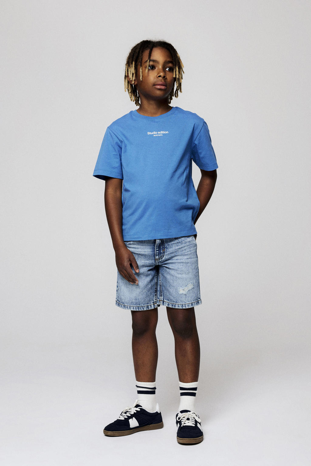 Blauwe jongens NAME IT KIDS T-shirt van katoen met effen, korte mouwen en ronde hals