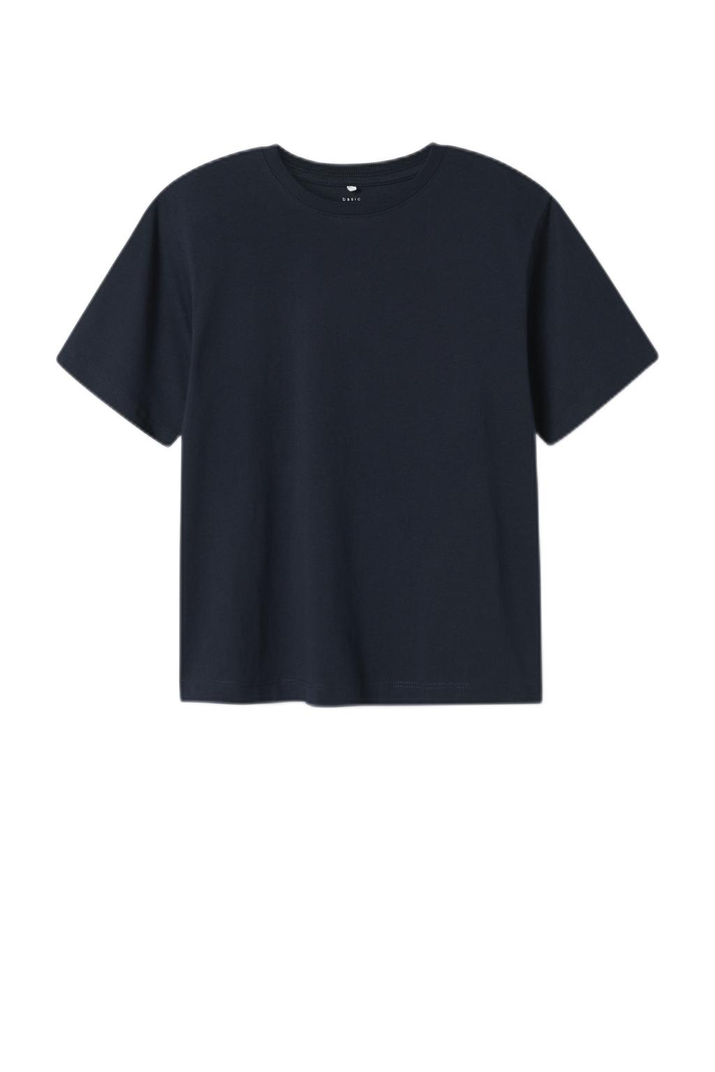 Donkerblauwe jongens NAME IT KIDS T-shirt van katoen met effen, korte mouwen en ronde hals