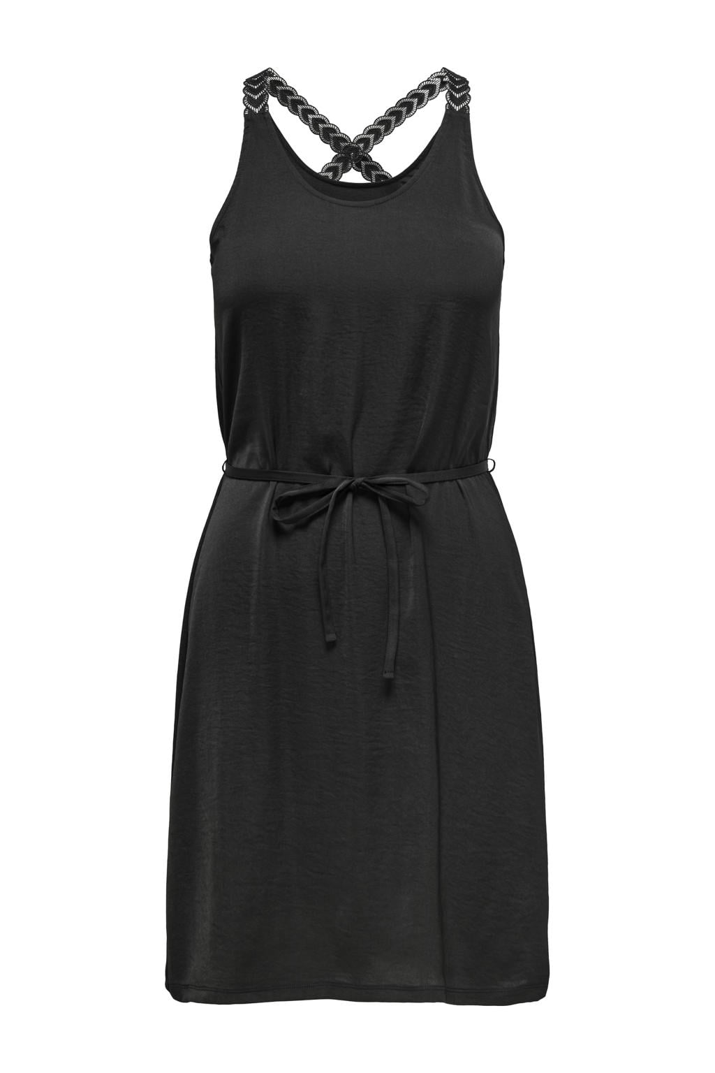 Zwarte dames ONLY jurk van polyester met effen, ronde hals en gebreide details