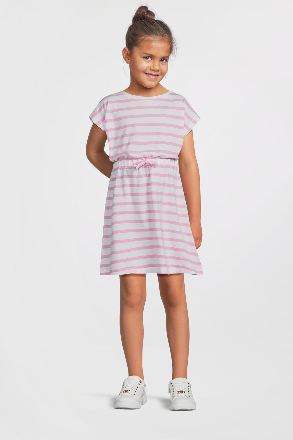 Roze en witte meisjes NAME IT KIDS zomerjurk van katoen met strepenprint, korte mouwen, ronde hals en striksluiting