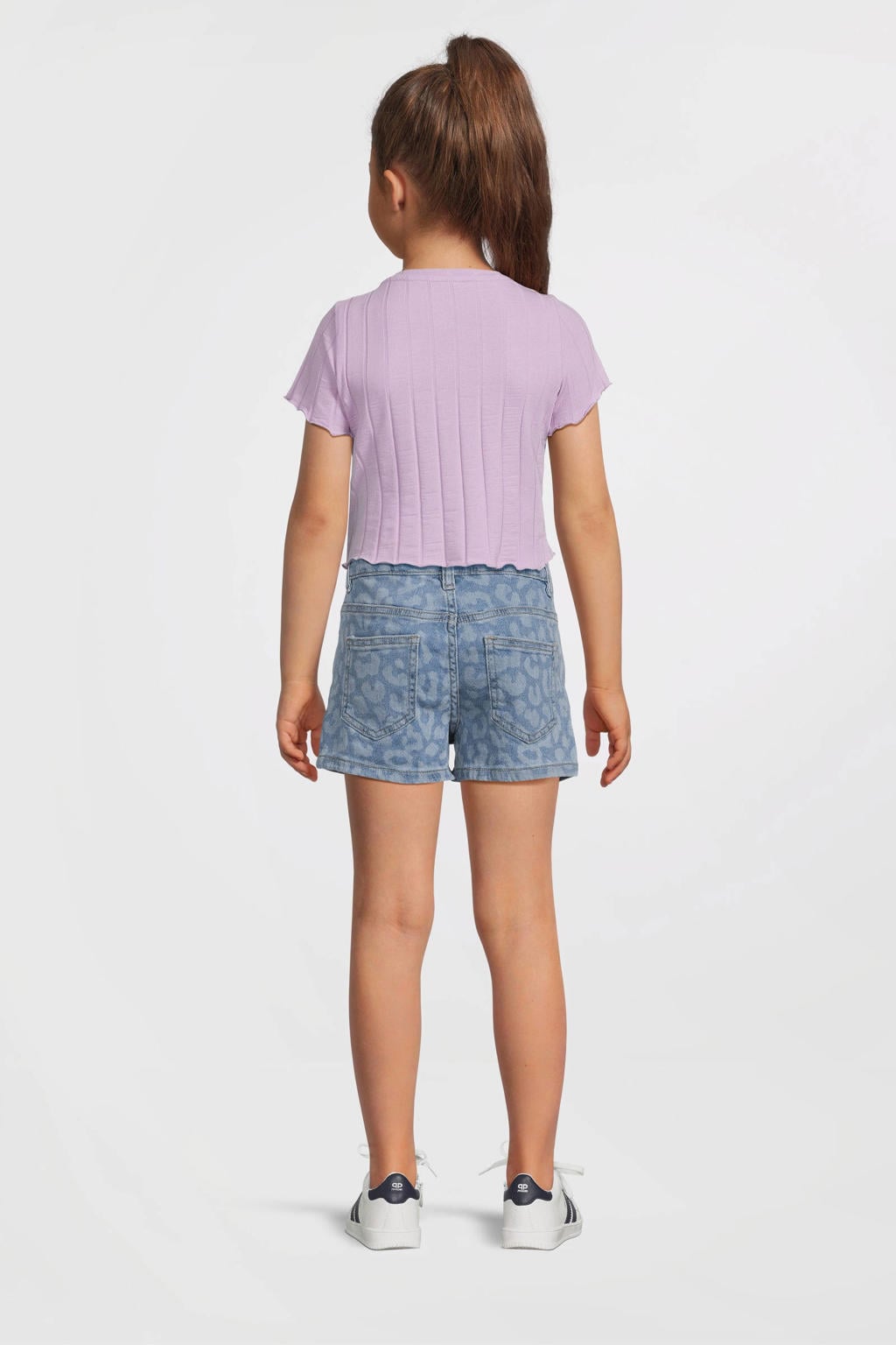 Paarse meisjes NAME IT KIDS T-shirt van stretchkatoen met effen, korte mouwen, ronde hals en gebreide details