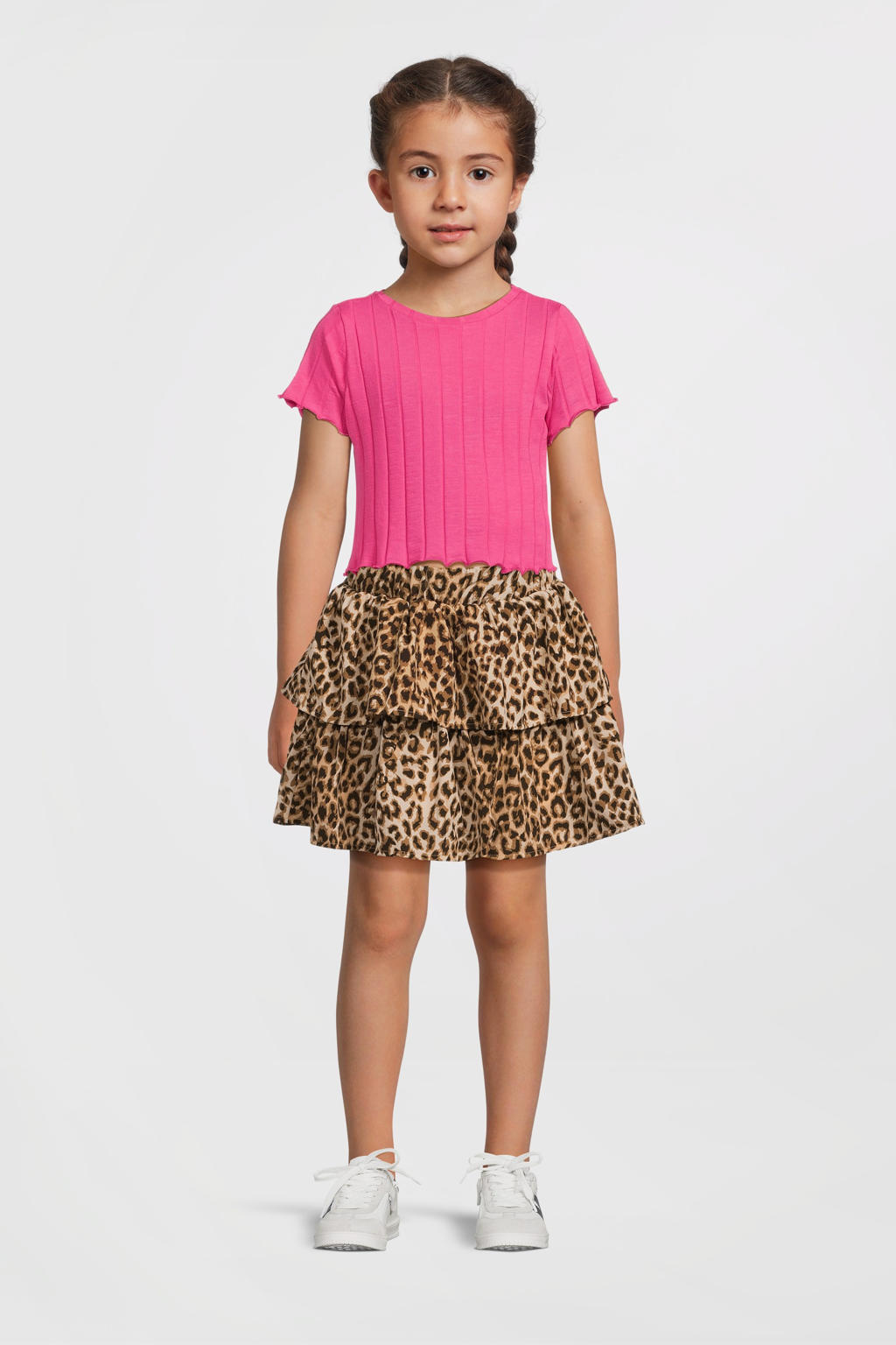 Roze meisjes NAME IT KIDS T-shirt van stretchkatoen met effen, korte mouwen, ronde hals en gebreide details