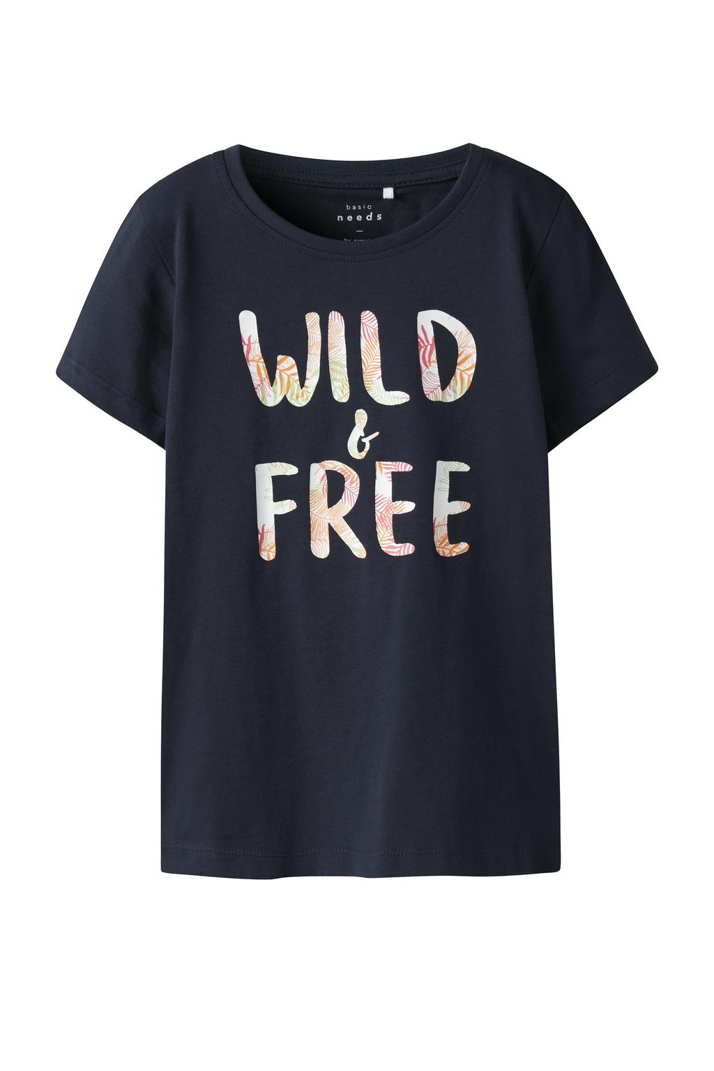 Donkerblauwe meisjes NAME IT KIDS T-shirt van katoen met tekst print, korte mouwen en ronde hals