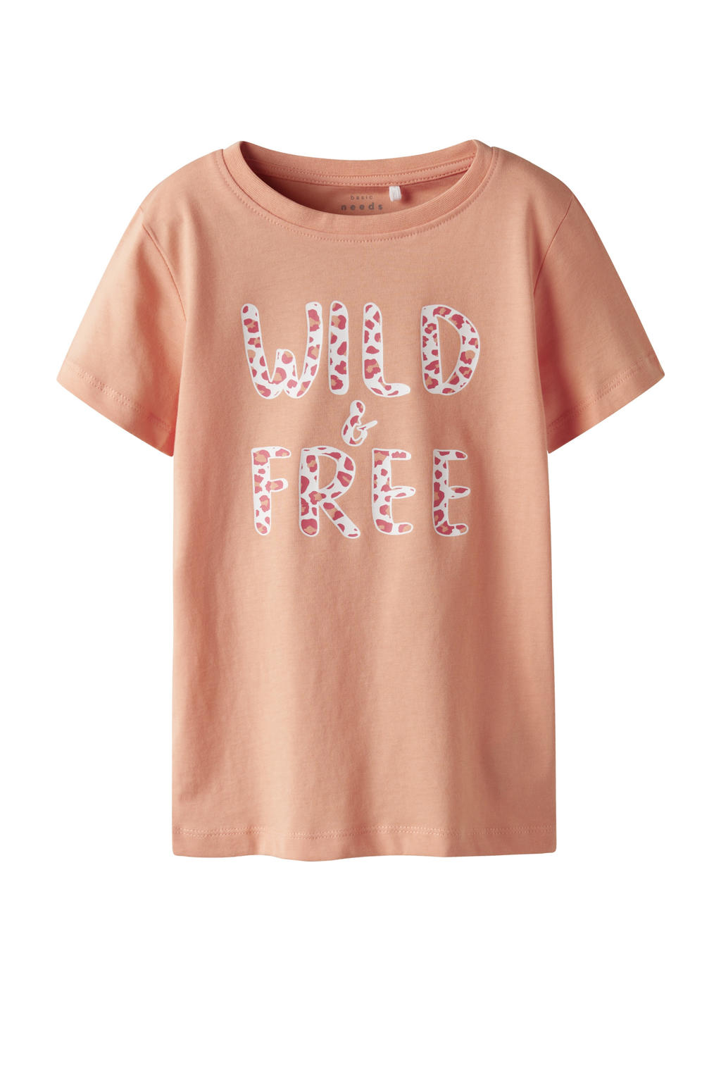 Zalmkleurige meisjes NAME IT KIDS T-shirt van katoen met effen, korte mouwen en ronde hals