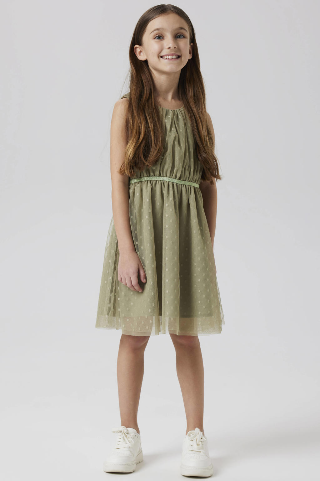 Grijze meisjes NAME IT KIDS midi jurk zachtgroen van polyester met effen en ronde hals