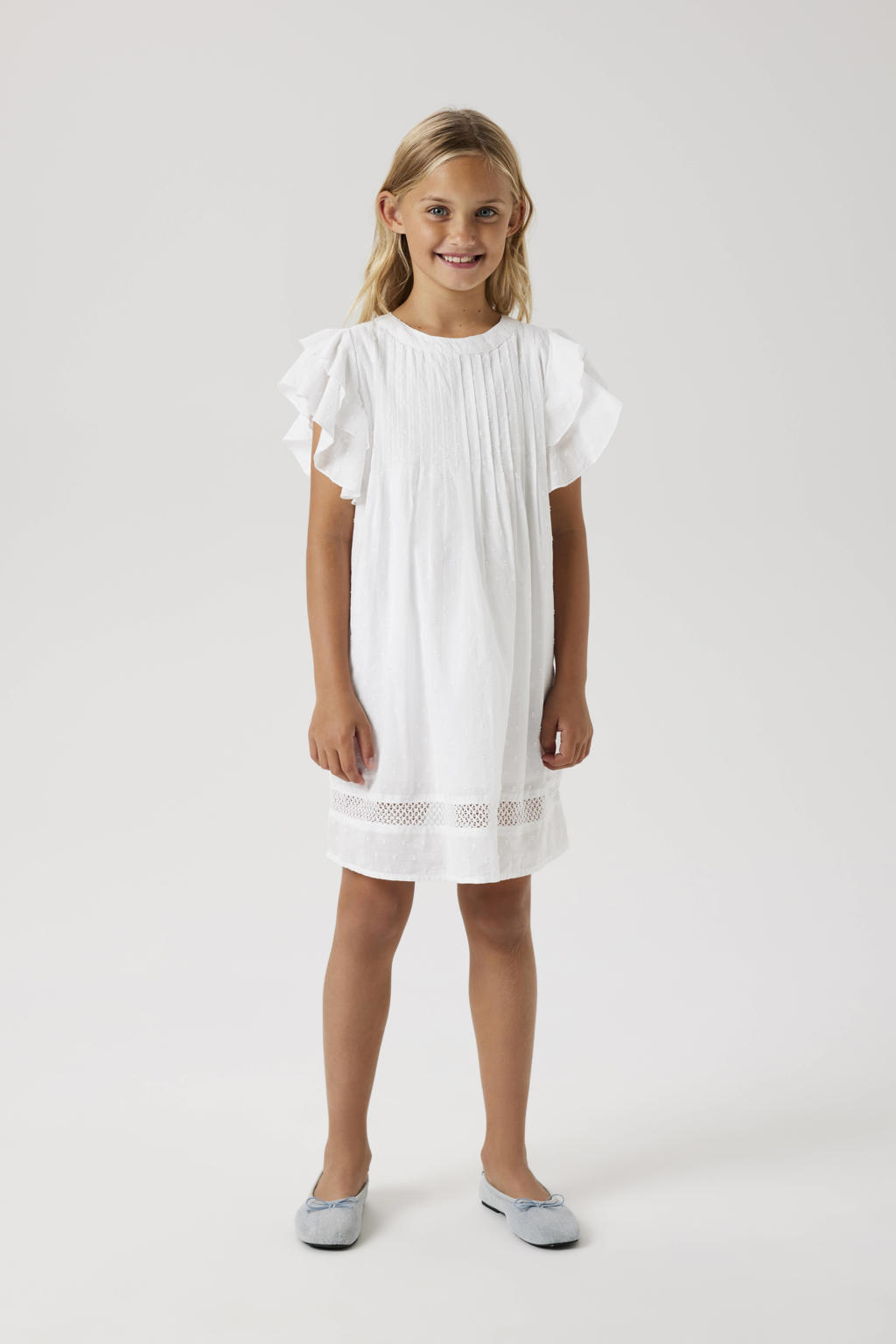 Witte meisjes NAME IT KIDS A-lijn jurk van katoen met effen, korte mouwen, ronde hals, knoopsluiting en geweven detail