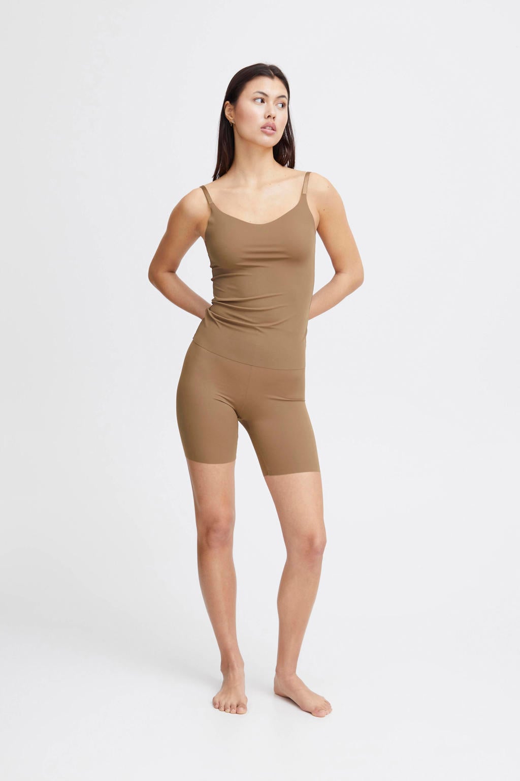 Lichtbruine dames ICHI cycling short van polyamide met skinny fit, high waist, elastische tailleband en effen