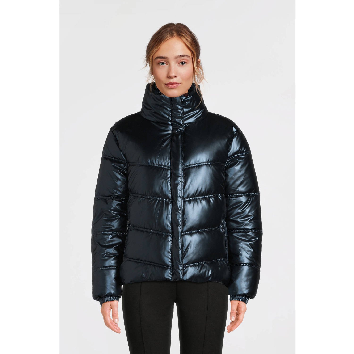 Anytime metallic gewatteerde jas donkerblauw