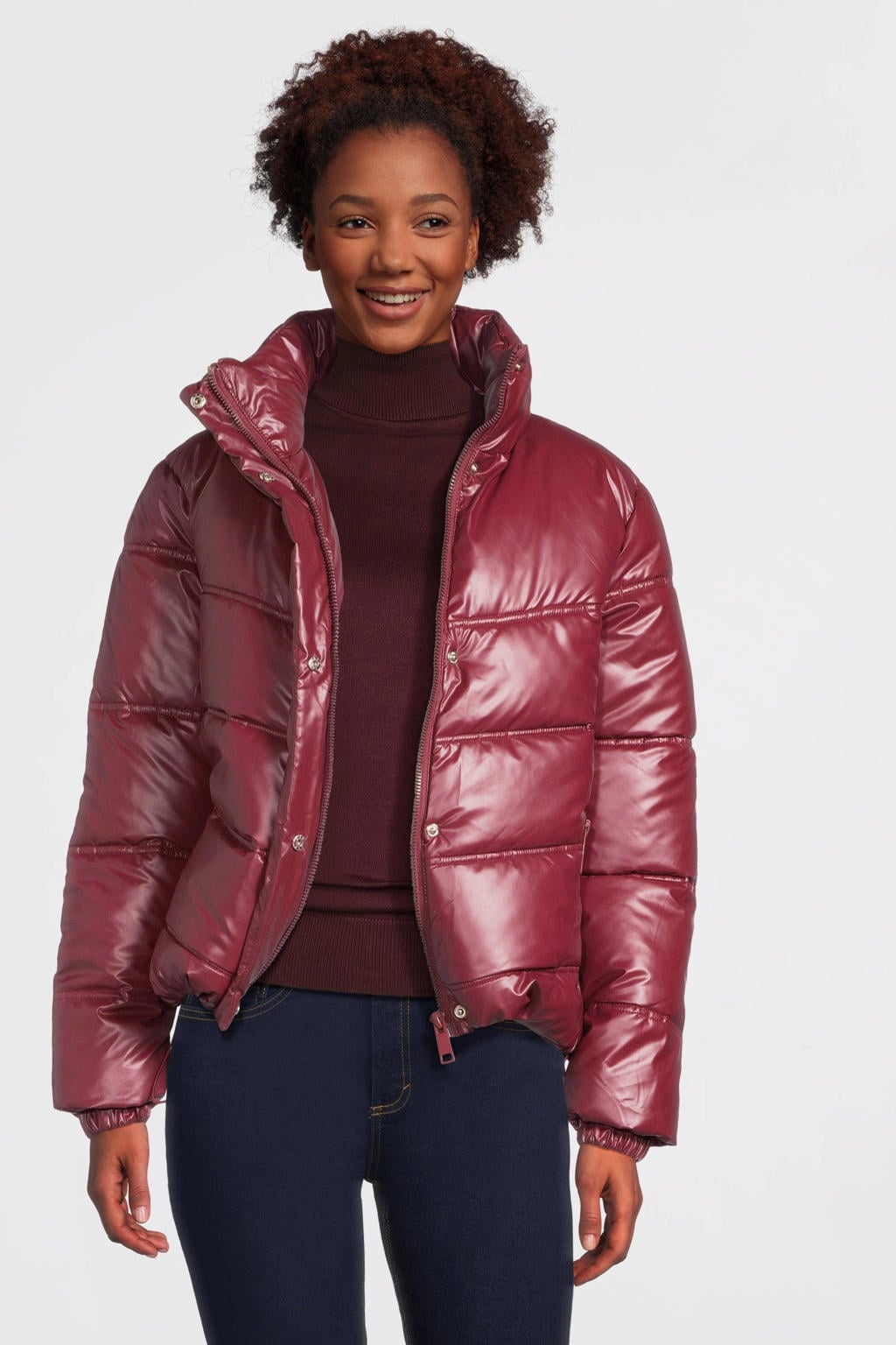 Donkerrode dames Anytime gewatteerde jas van polyester met effen, lange mouwen en opstaande kraag