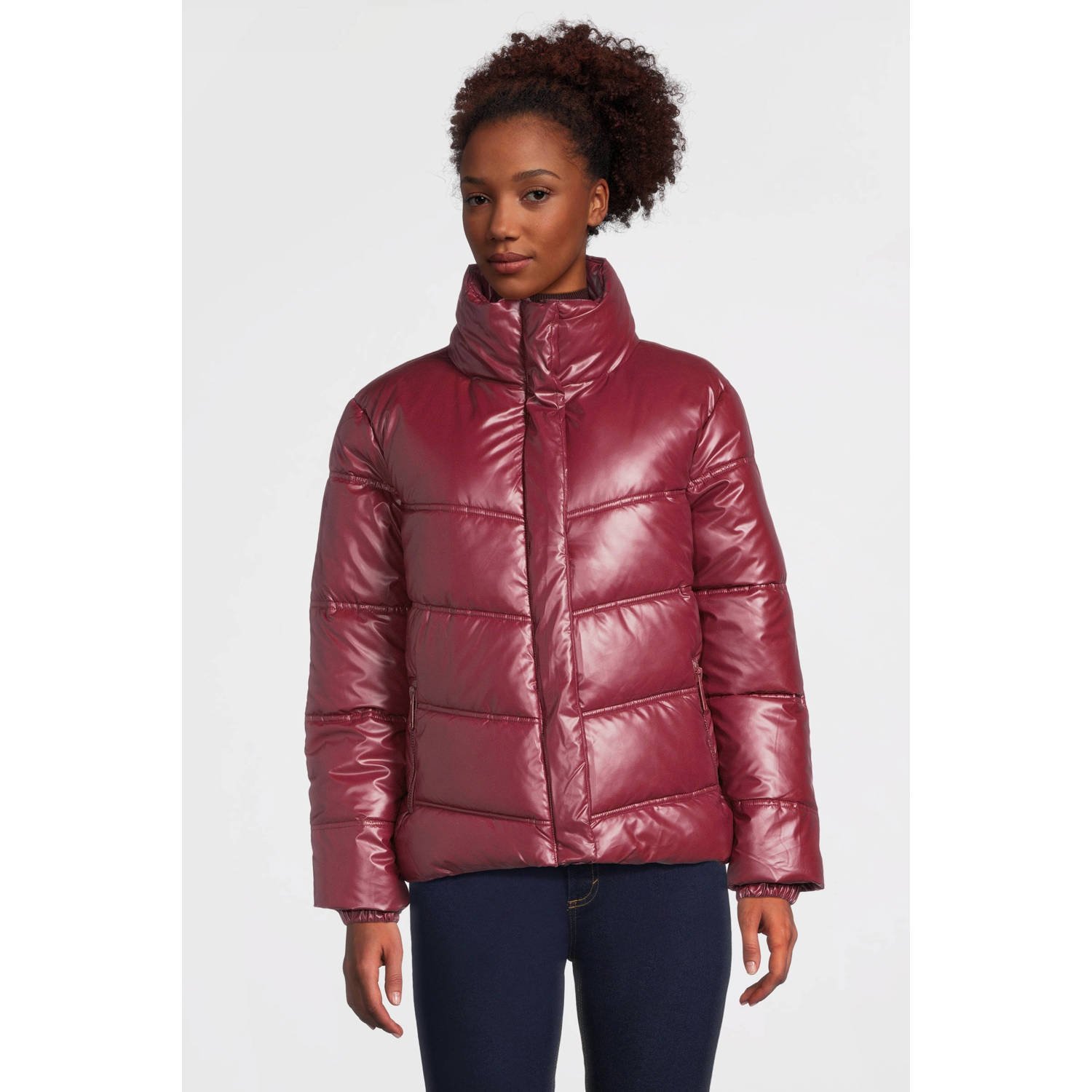 Anytime metallic gewatteerde jas donkerrood