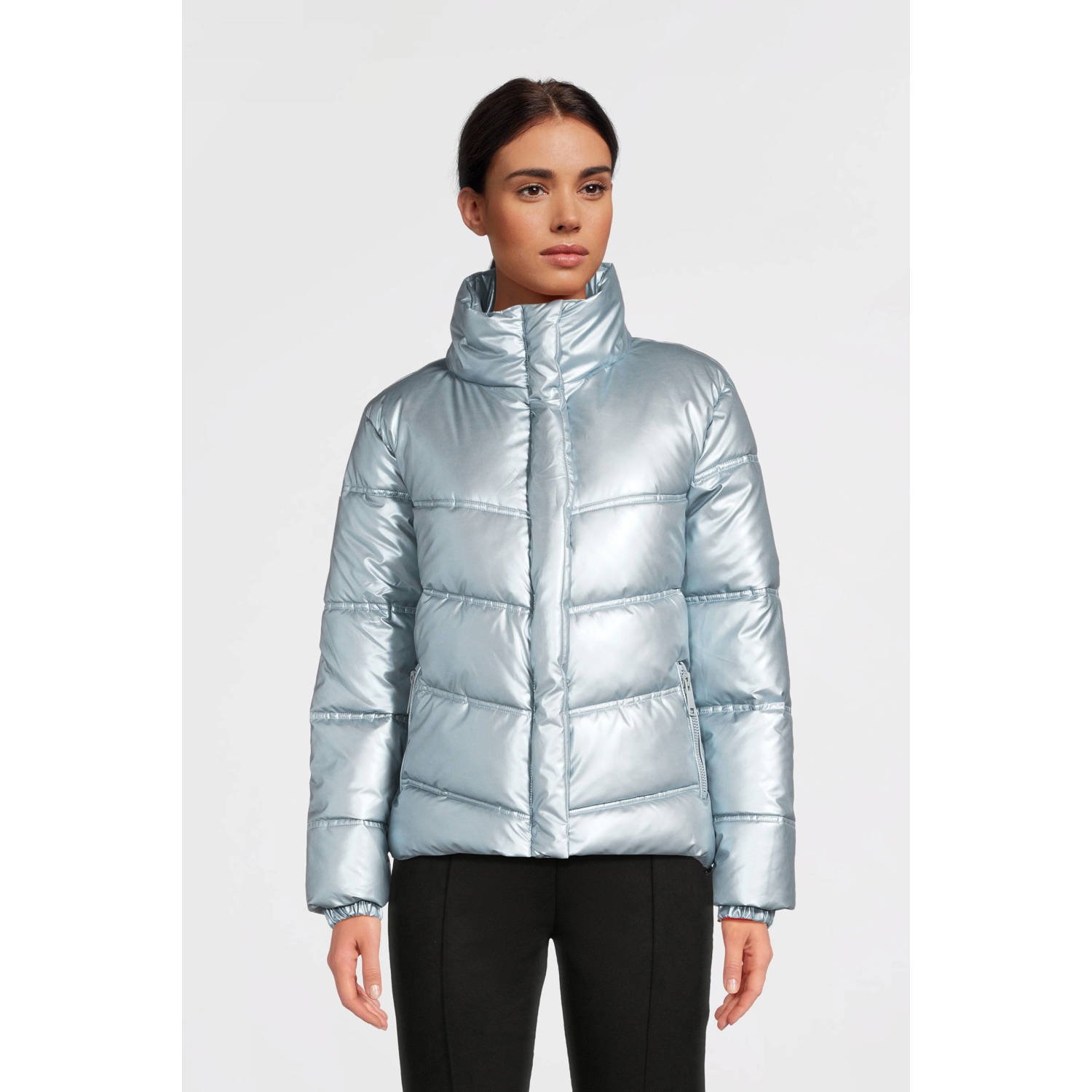 Anytime metallic gewatteerde jas lichtblauw